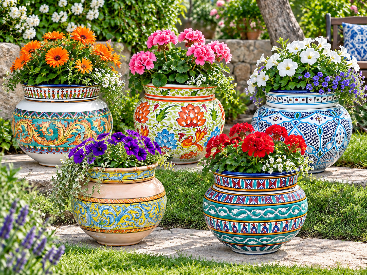 Five colorful hand-painted Moroccan ceramic garden planters filled with vibrant flowering plants.