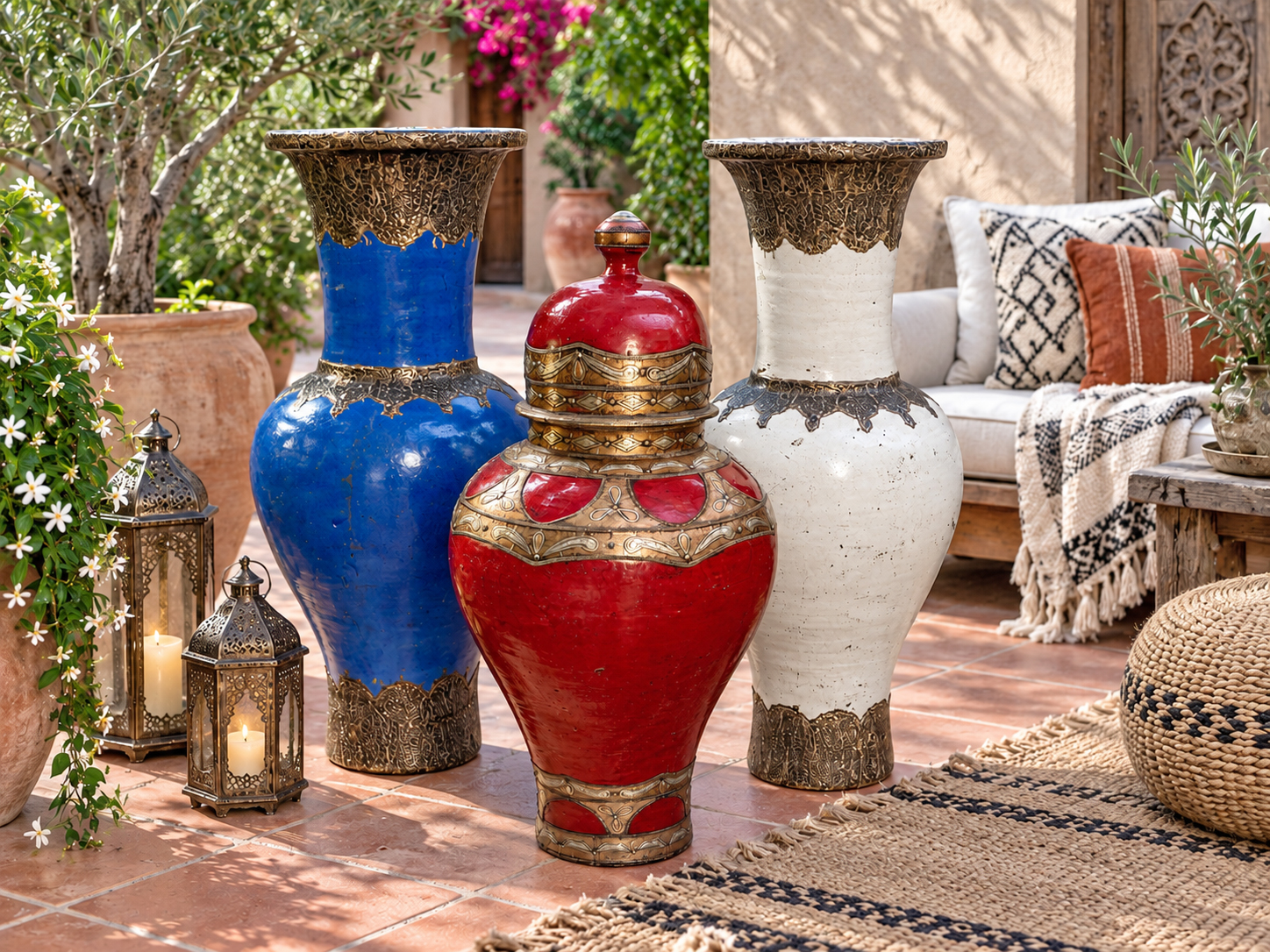 Three large blue, red, and ivory Moroccan ceramic vessels with ornate metal detailing in a patio setting.