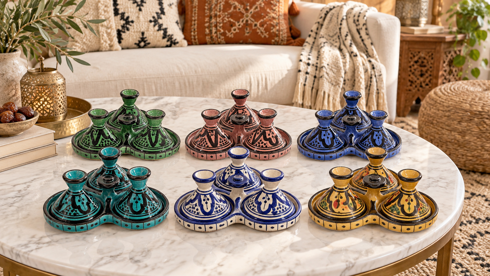 Colorful miniature Moroccan ceramic tajines with painted geometric designs arranged on a marble table.