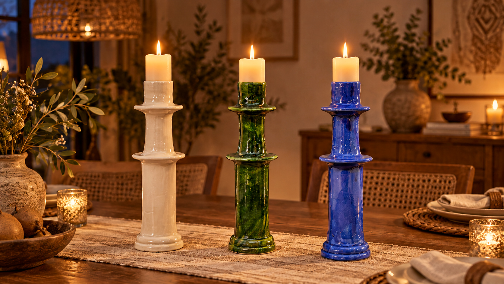 Tall ivory, green, and blue Moroccan ceramic candleholders with lit candles on a dining table.