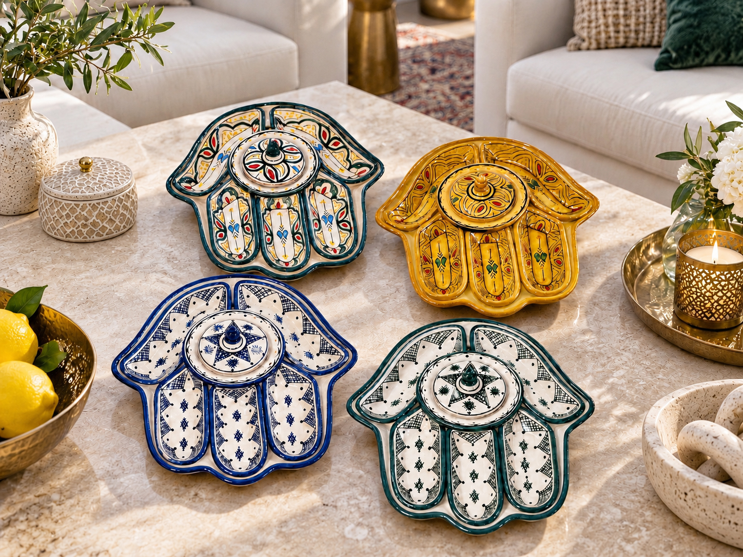 Four colorful Moroccan Khamsa-shaped ceramic trays with hand-painted patterns on a marble coffee table.