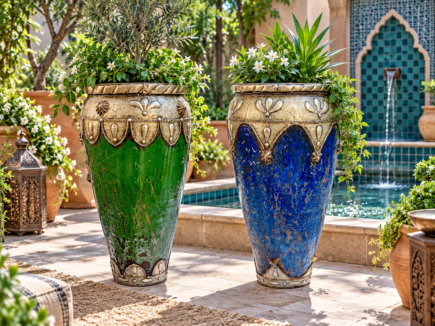Tall green and cobalt blue Moroccan ceramic planters with ornate metal trim beside a courtyard fountain.