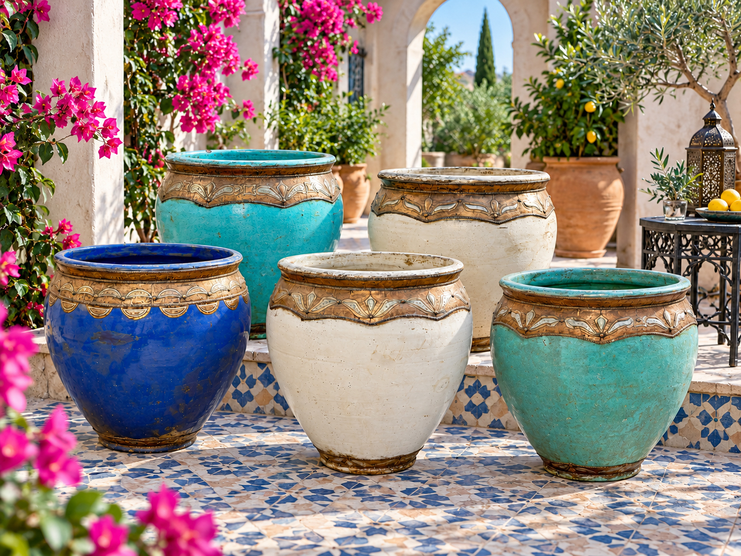 Five large blue, ivory, and turquoise Moroccan ceramic pots with decorative metal bands on a tiled courtyard.